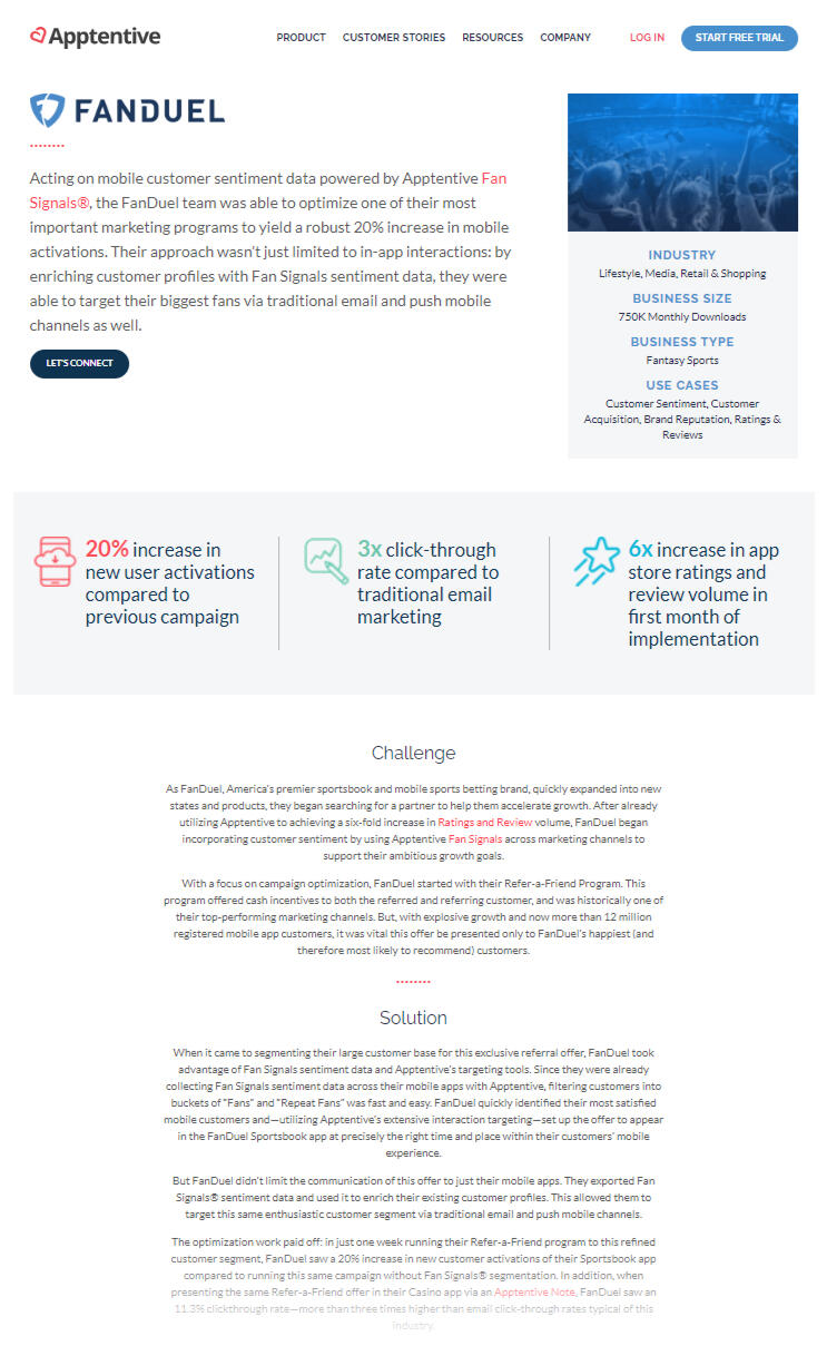 FanDuel, one of our most sophisticated customers, harnessed Apptentive sentiment data to improve their marketing campaigns.